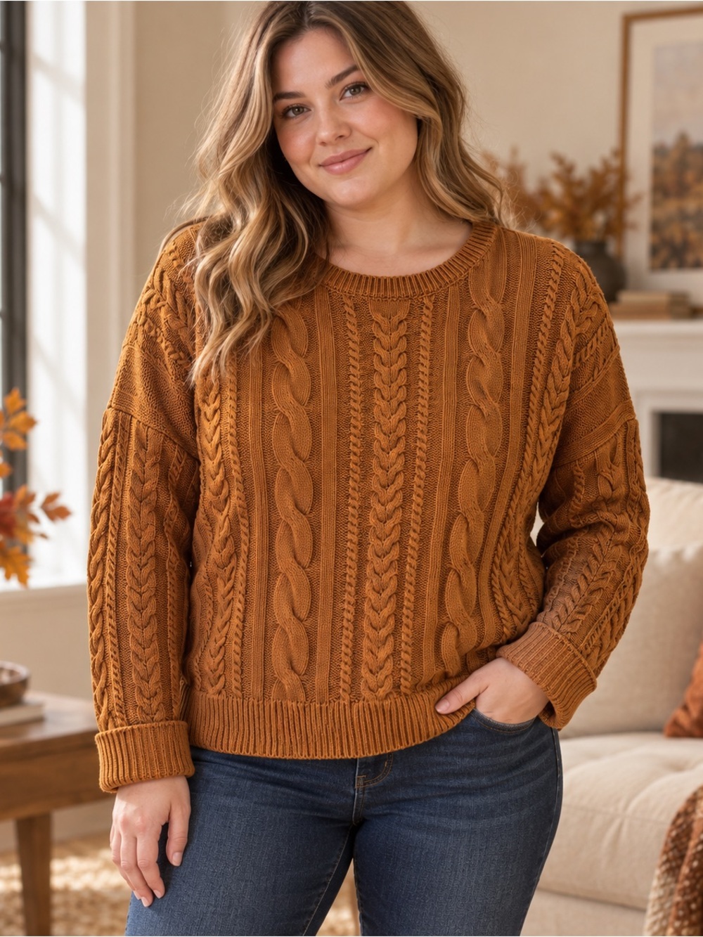 Nicole Miller 100% Cotton Cable Knit Sweater Rust Orange Women XL Fisherman